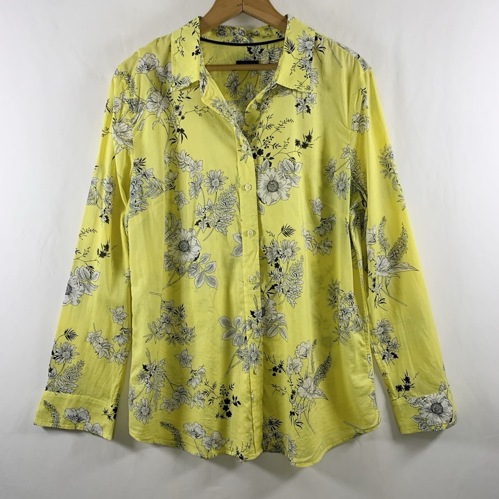 Womens Lightweight Cotton Long Sleeve Floral Button Top Sz L Yellow Garden Chic